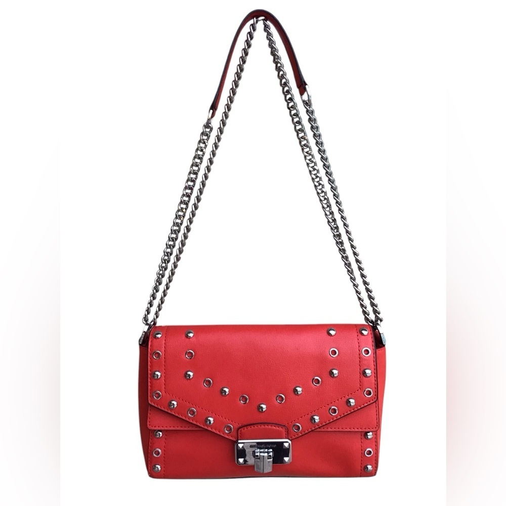 Michael Kors Kinsley Red Leather Studded Crossbody - Picture 3 of 17